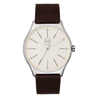 01 - slim made one 03 - thin wrist watch in silver with dark brown leather band - front